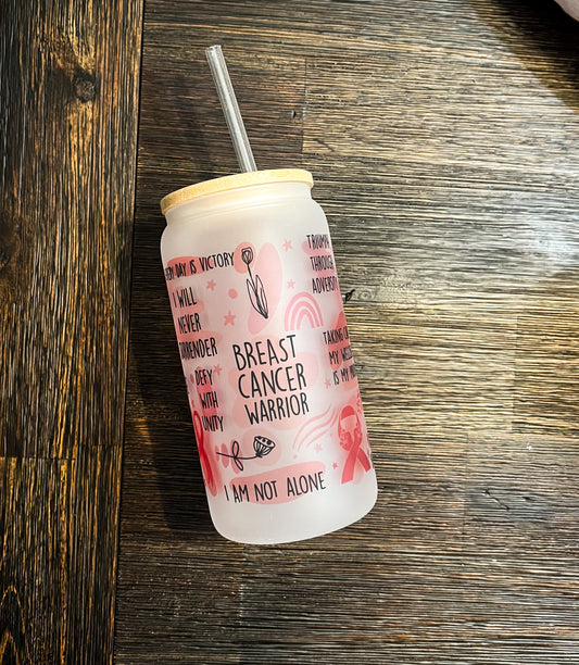 Breast Cancer Warrior Iced Coffee Can Glass with Bamboo Lid