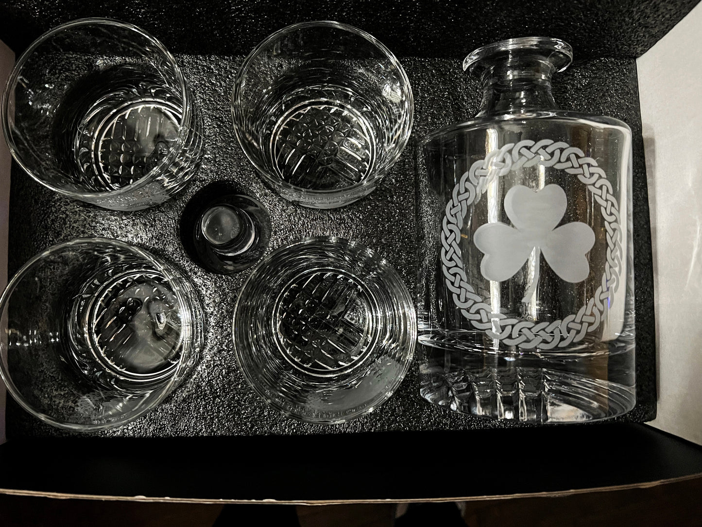 Shamrock Glass Decanter Set with Four Rocks Glasses