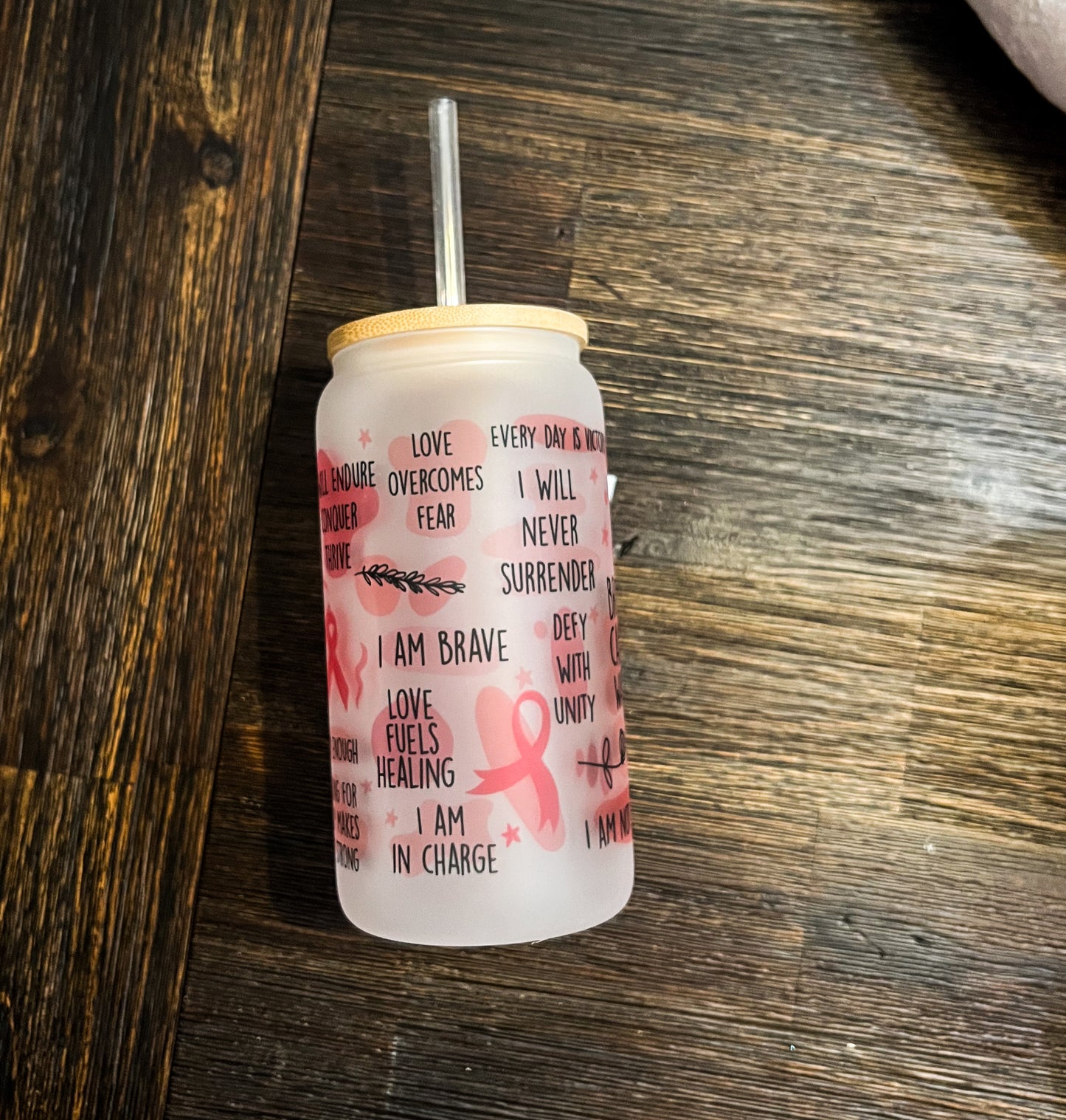 Breast Cancer Warrior Iced Coffee Can Glass with Bamboo Lid