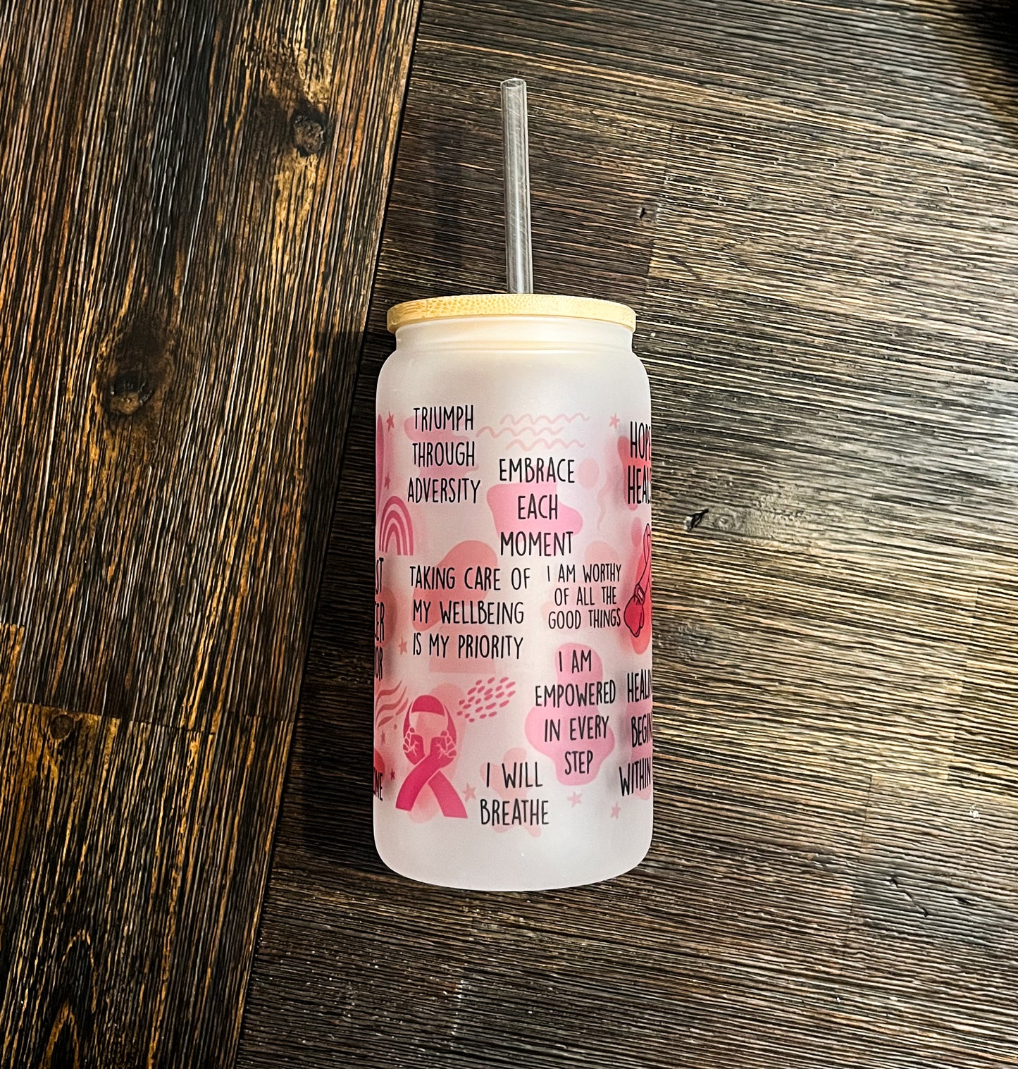 Breast Cancer Warrior Iced Coffee Can Glass with Bamboo Lid