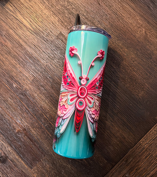 3D Embroidered Butterfly Stainless Steel Tumbler