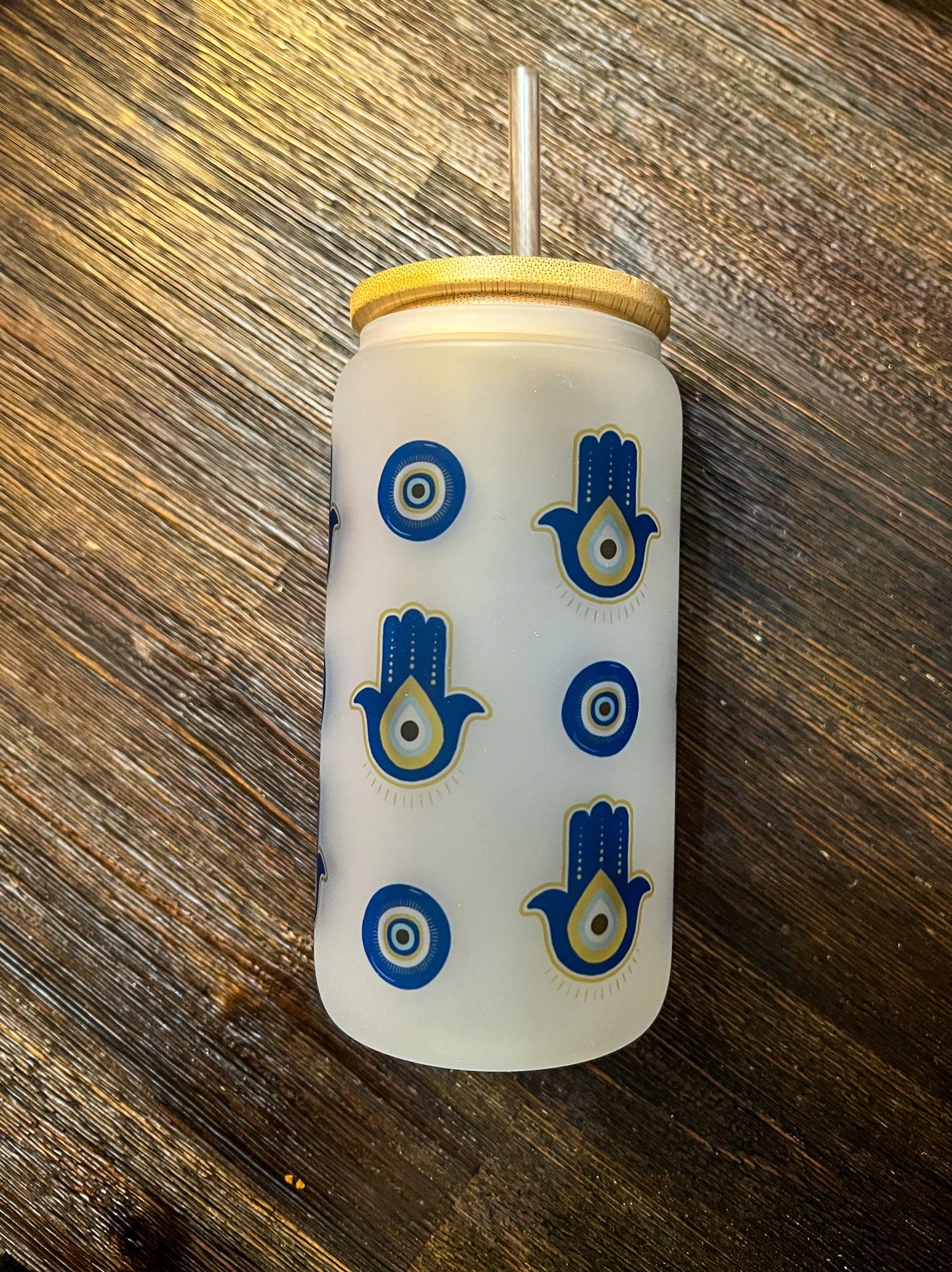 Evil Eye Iced Coffee Can Glass with Bamboo Lid