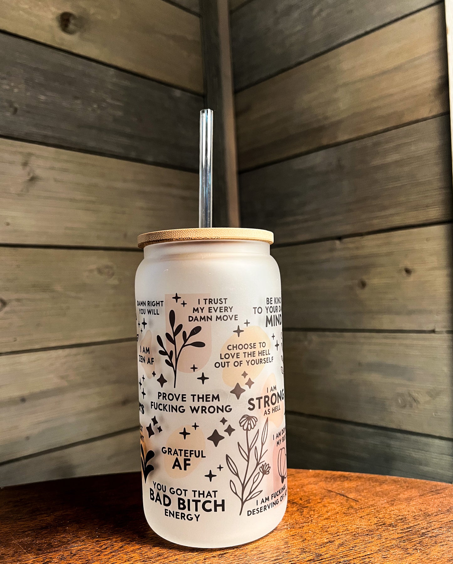 Daily Affirmation Quotes Iced Coffee Can Glass with Bamboo Lid (ADULT Version)