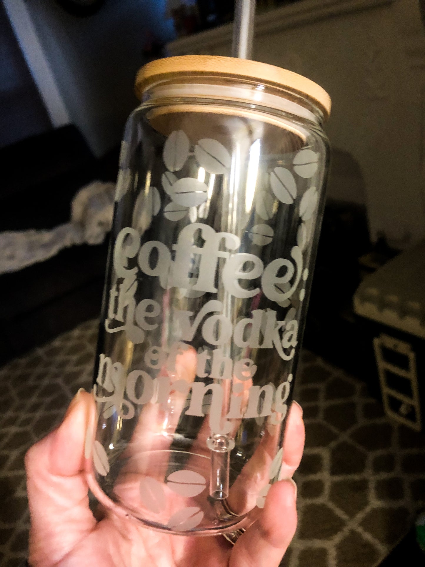 Coffee The Vodka of the Morning Can Glass with Bamboo Lid