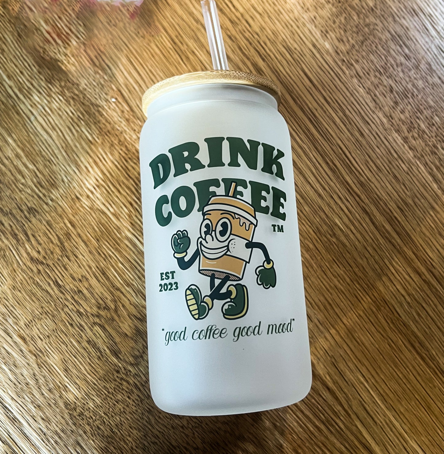 Drink Coffee Retro Mascot Iced Coffee Can Glass