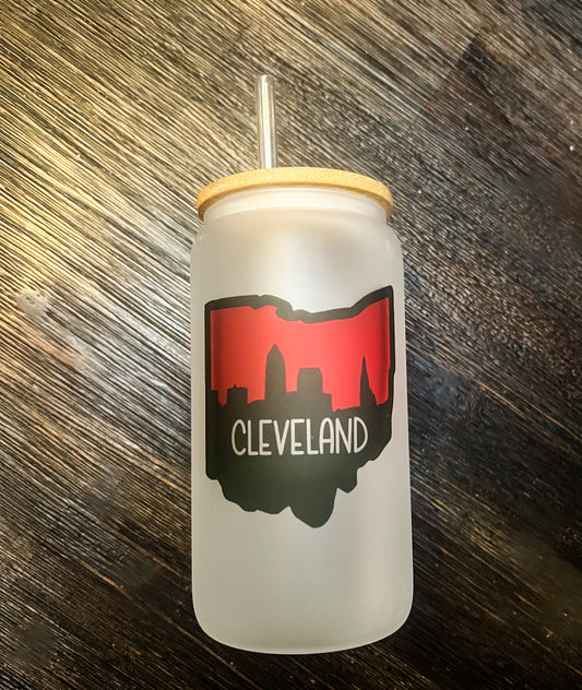 Brown & Orange Cleveland Ohio Skyline Iced Coffee Can Glass