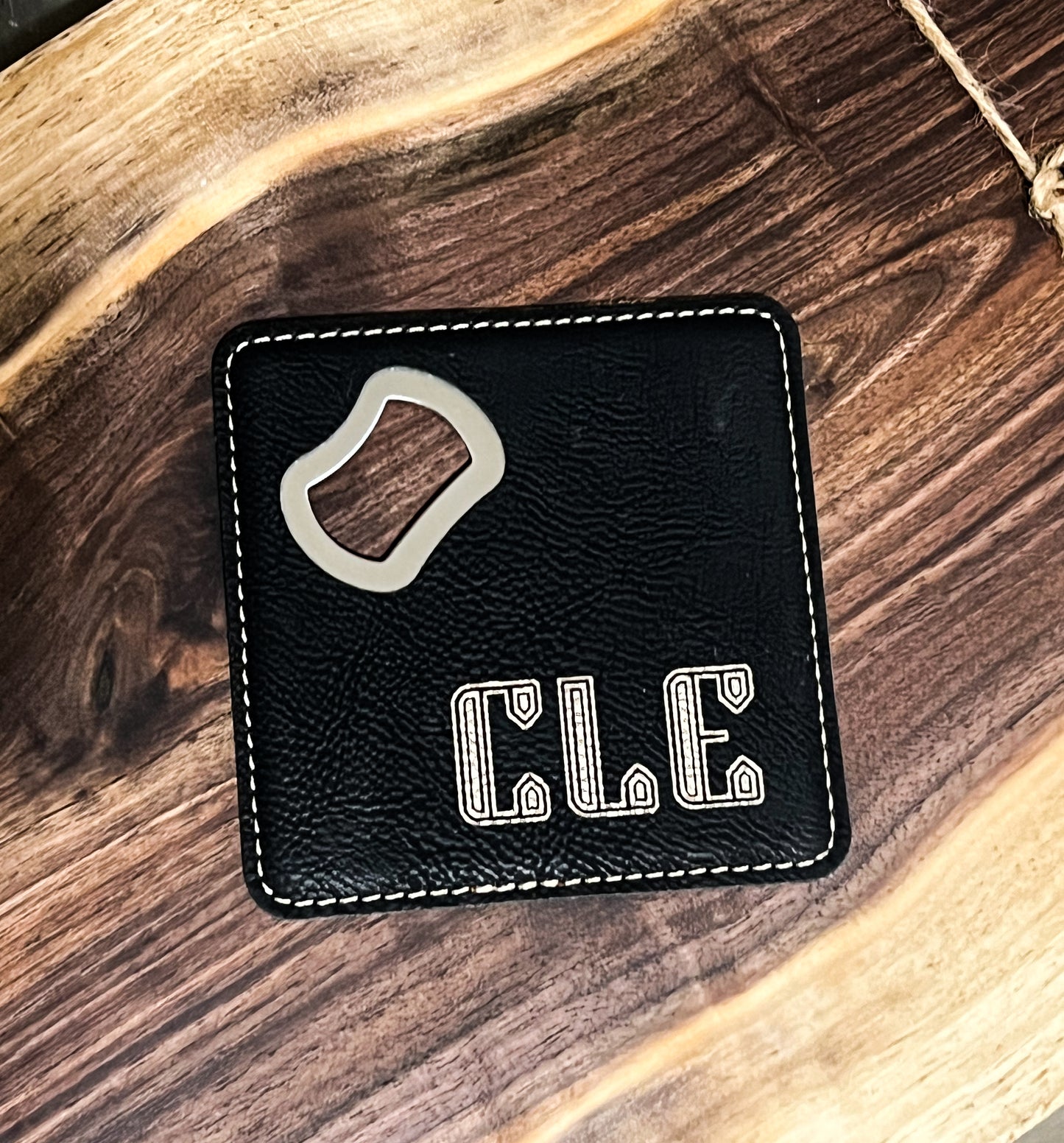 CLE Square Leatherette Coaster with Bottle Opener