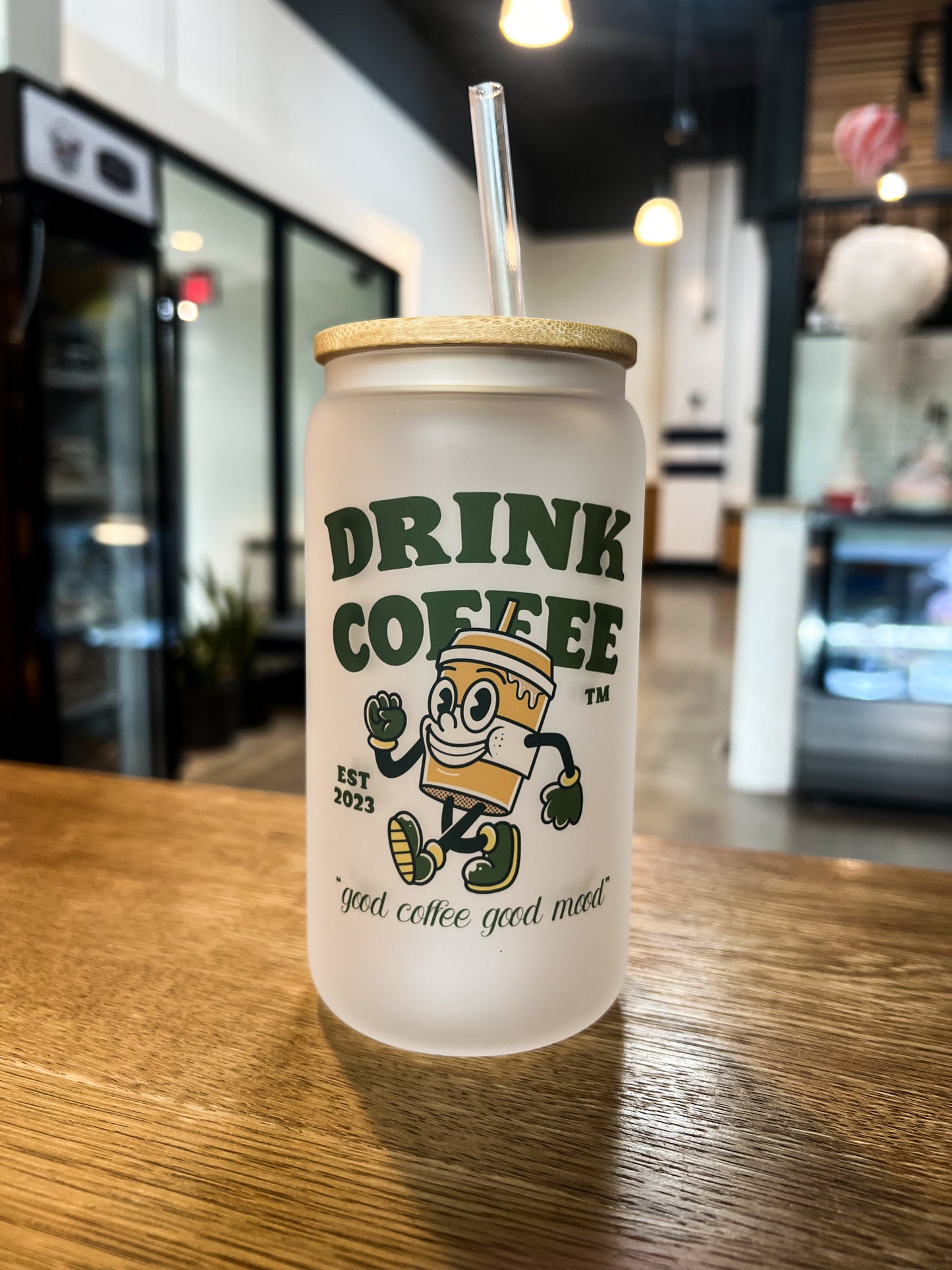 Drink Coffee Retro Mascot Iced Coffee Can Glass