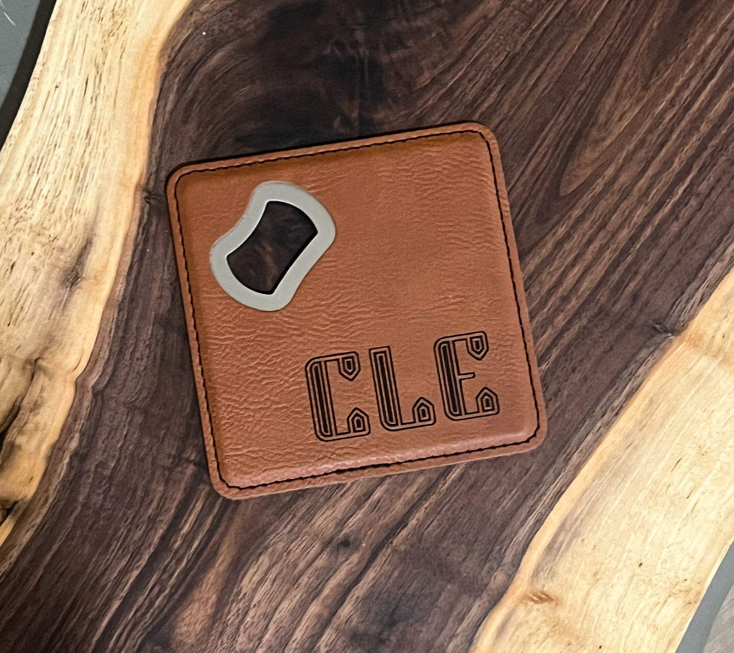 CLE Square Leatherette Coaster with Bottle Opener