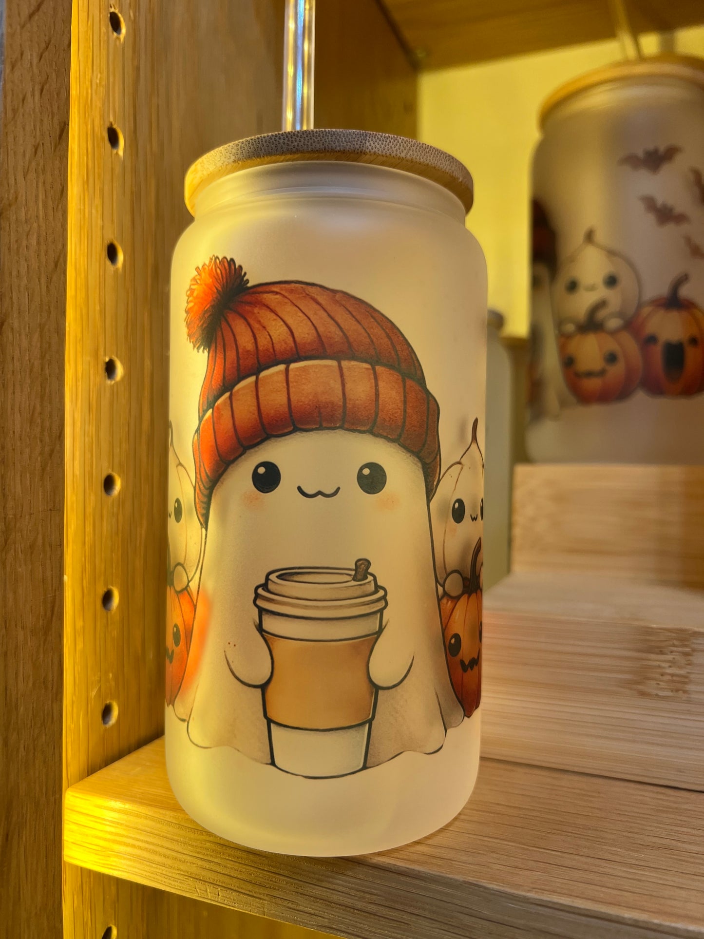 Cute Ghost with Beanie Iced Coffee Can Glass with Bamboo Lid