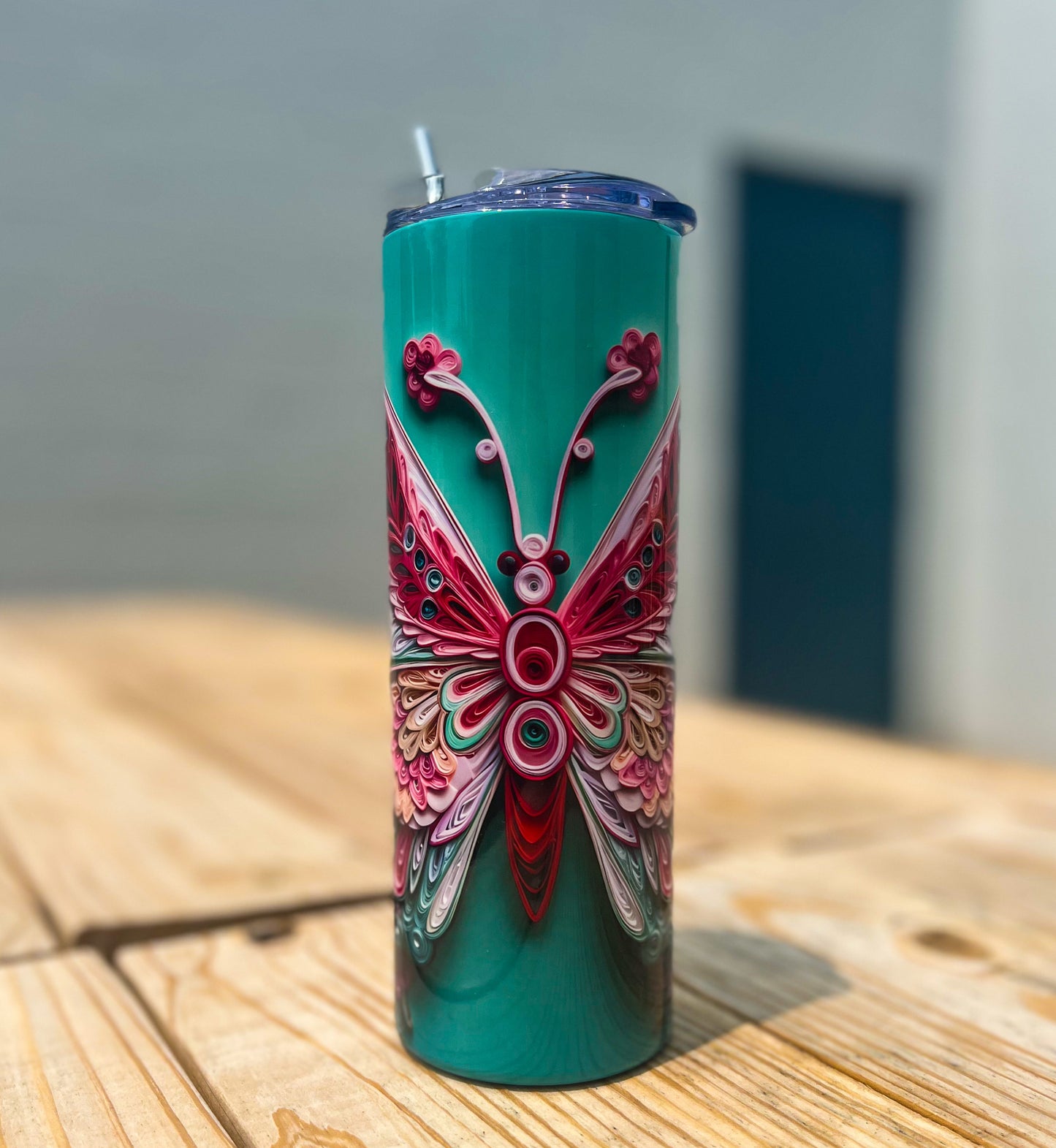 3D Embroidered Butterfly Stainless Steel Tumbler