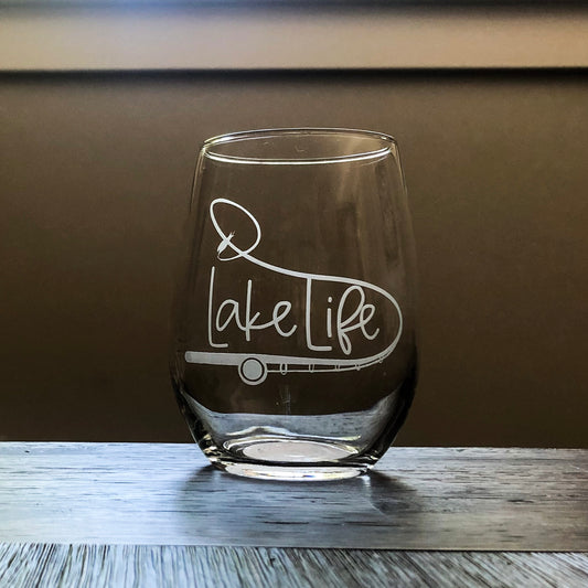 Lake Life Fishing Rod Stemless Wine, Rocks or Beer Can Glass