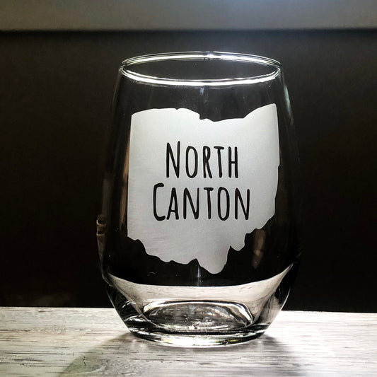 North Canton, Ohio Stemless Wine, Rocks or Beer Can Glass