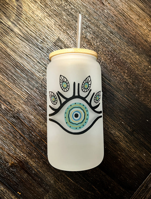 Evil Eye Drawing Iced Coffee Can Glass with Bamboo Lid