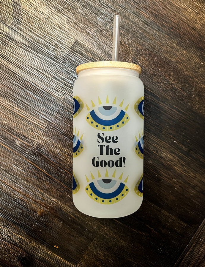 See the Good Evil Eye Iced Coffee Can Glass with Bamboo Lid