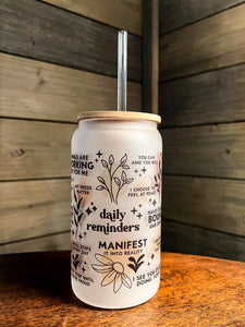 Daily Affirmation Quotes Iced Coffee Can Glass with Bamboo Lid (CLEAN Version)