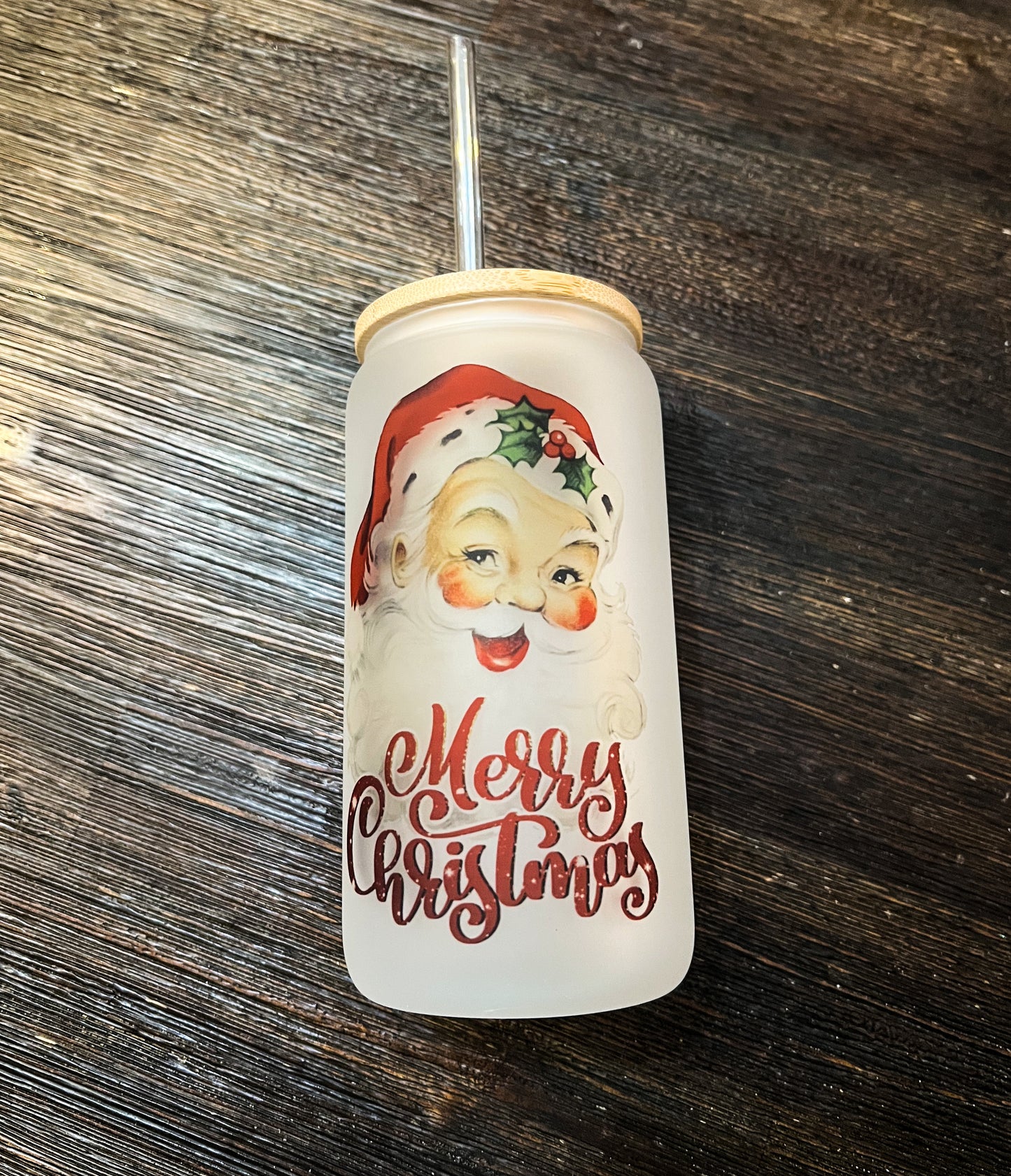 Santa Claus Merry Christmas Iced Coffee Can Glass with Bamboo Lid