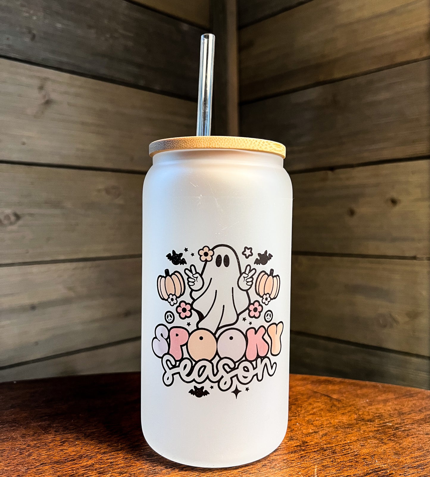 Spooky Season Halloween Ghost Iced Coffee Can Glass with Bamboo Lid