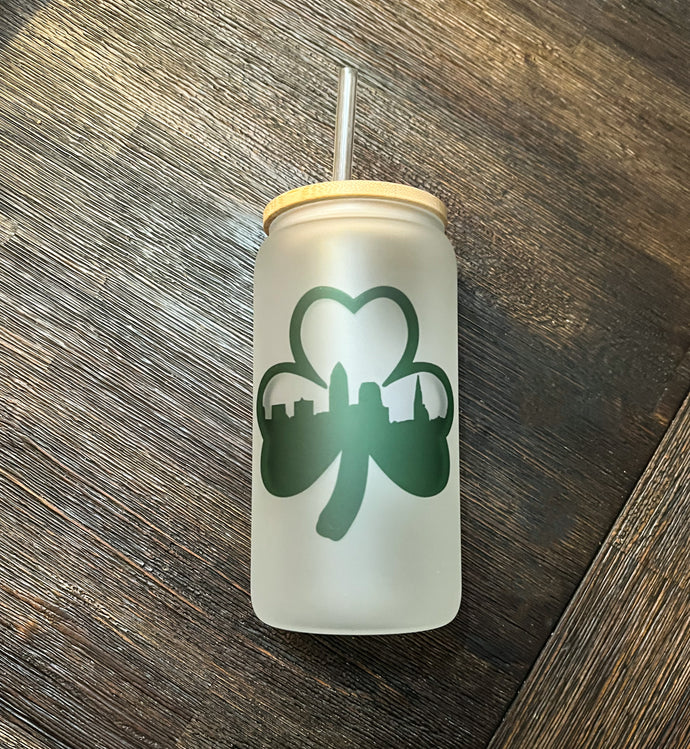 Cleveland Skyline Shamrock Iced Coffee Can Glass with Bamboo Lid