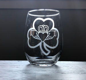 Claddagh Shamrock Stemless Wine, Rocks or Beer Can Glass