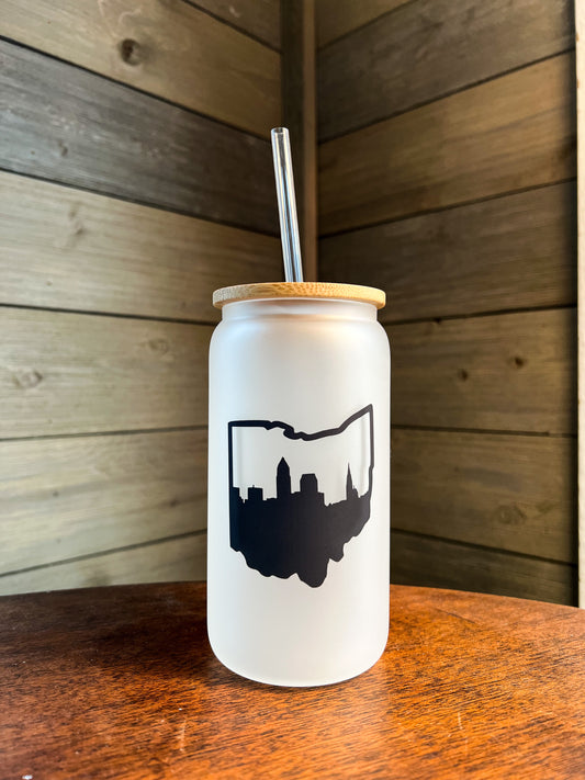 Cleveland Ohio Skyline Iced Coffee Can Glass with Bamboo Lid