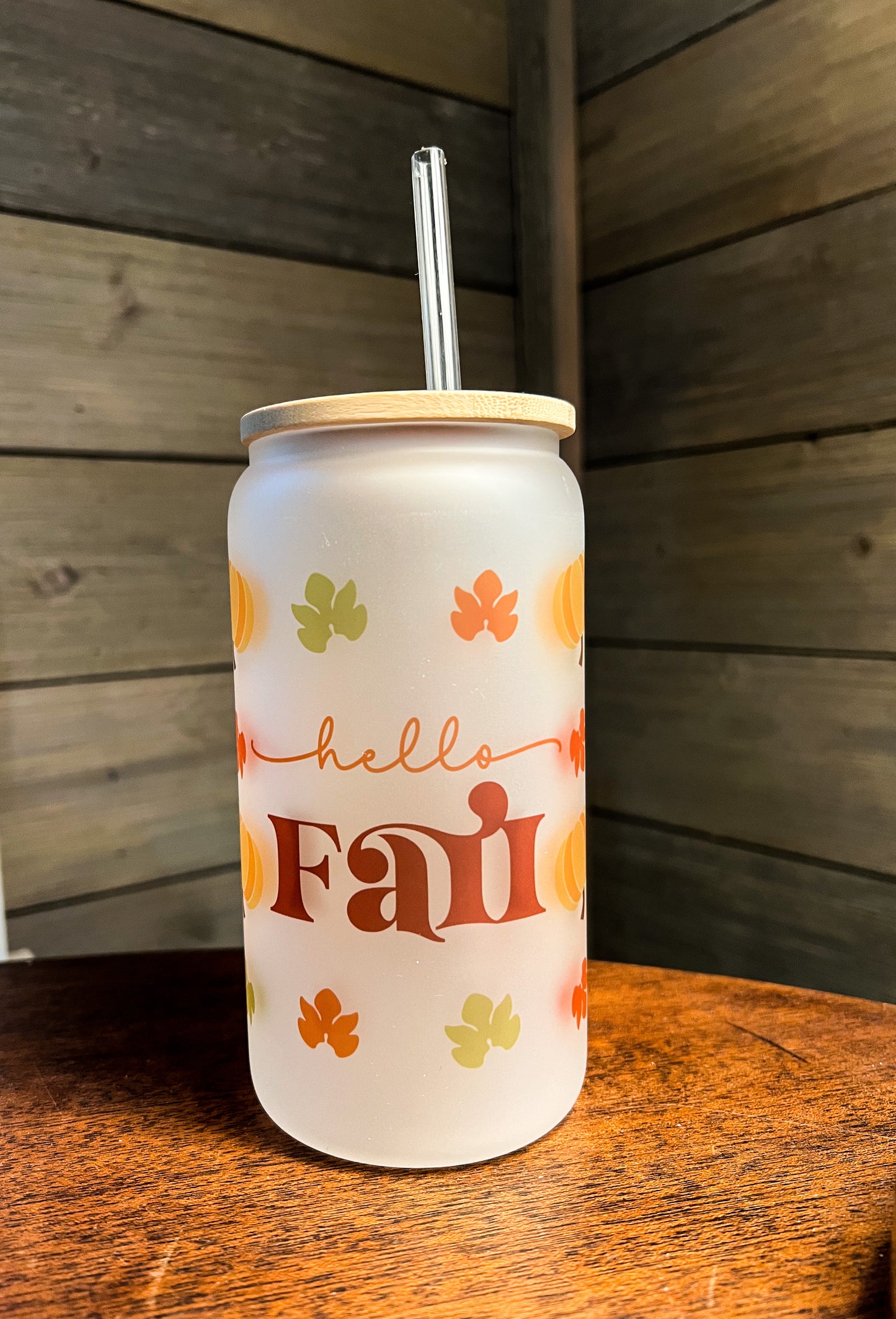 Hello Fall Iced Coffee Can Glass with Bamboo Lid