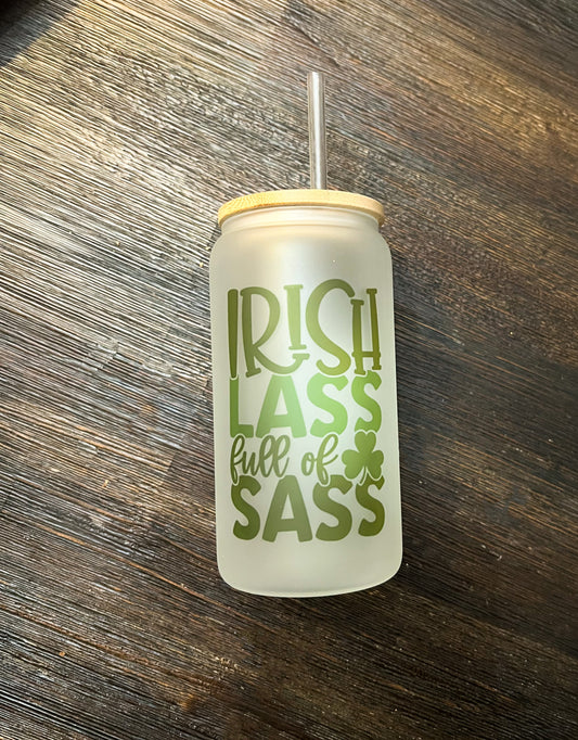 Irish Lass Full of Sass Iced Coffee Can Glass with Bamboo Lid