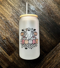 Load image into Gallery viewer, Spooky Season Halloween Ghost Iced Coffee Can Glass with Bamboo Lid